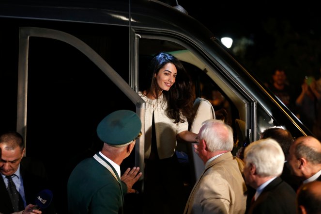Human rights lawyer Amal Alamuddin Clooney arrives at a hotel in Athens